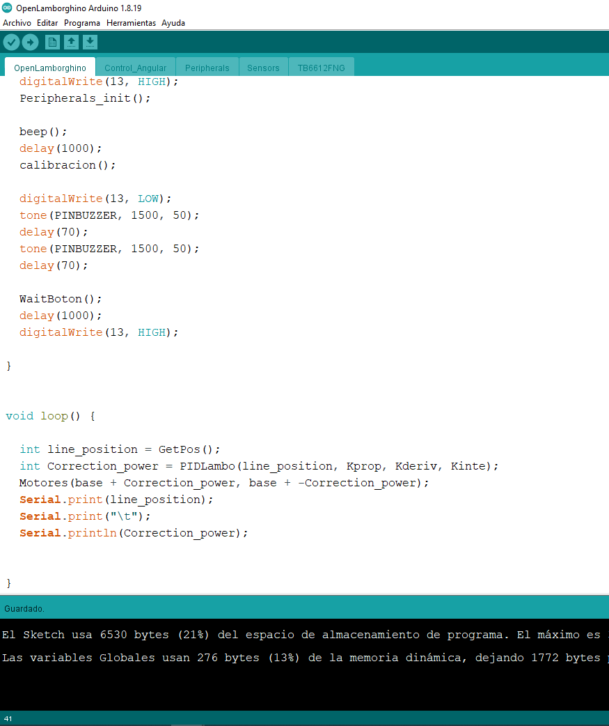 Arduino IDE con el código de Open Lamborghino ordenado en pestañas