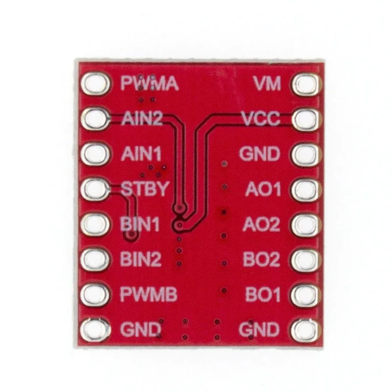 Pines del driver TB6612FNG: PWMA, AIN2, AIN1, STBY, BIN1, BIN2, PWMB, GND, VM, VCC, AO1, AO2, BO2, BO1