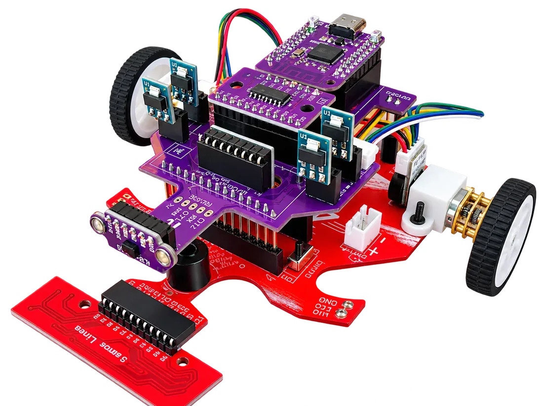 Open Lambda Core, edición Roja: placa roja con el Escudo Core morado y el sensor de línea al frente