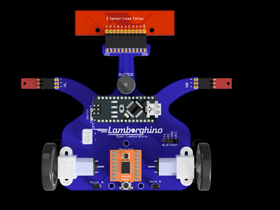 Open Lamborghino visto desde arriba: placa azul con el Arduino Nano al centro, el driver de motores y el sensor de línea al frente