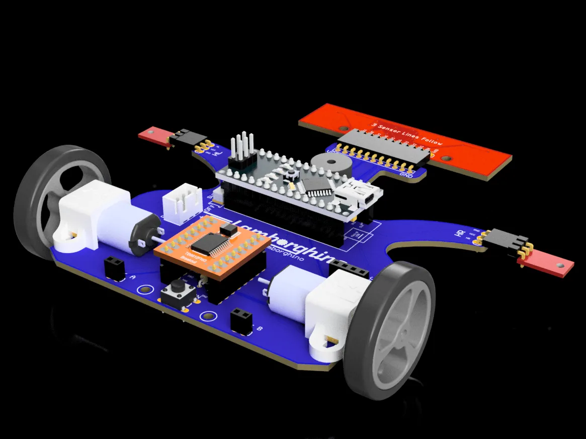 Despiece de Open Lamborghino: Arduino Nano, driver, sensores y ruedas separados de la placa
