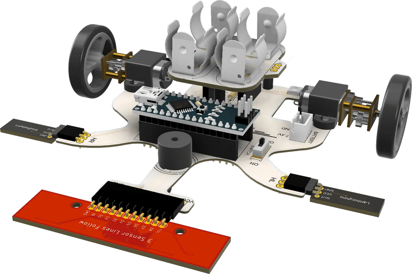 Open Lamborghino Light 2025: placa blanca con Arduino Nano, dos motores N20, portapilas y sensor de línea rojo al frente