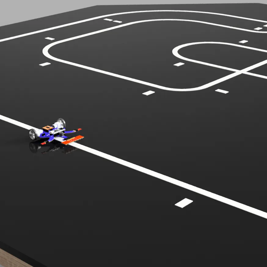 Pista de Robotracer: línea blanca sobre fondo negro, con marcas laterales en cada cambio de curvatura