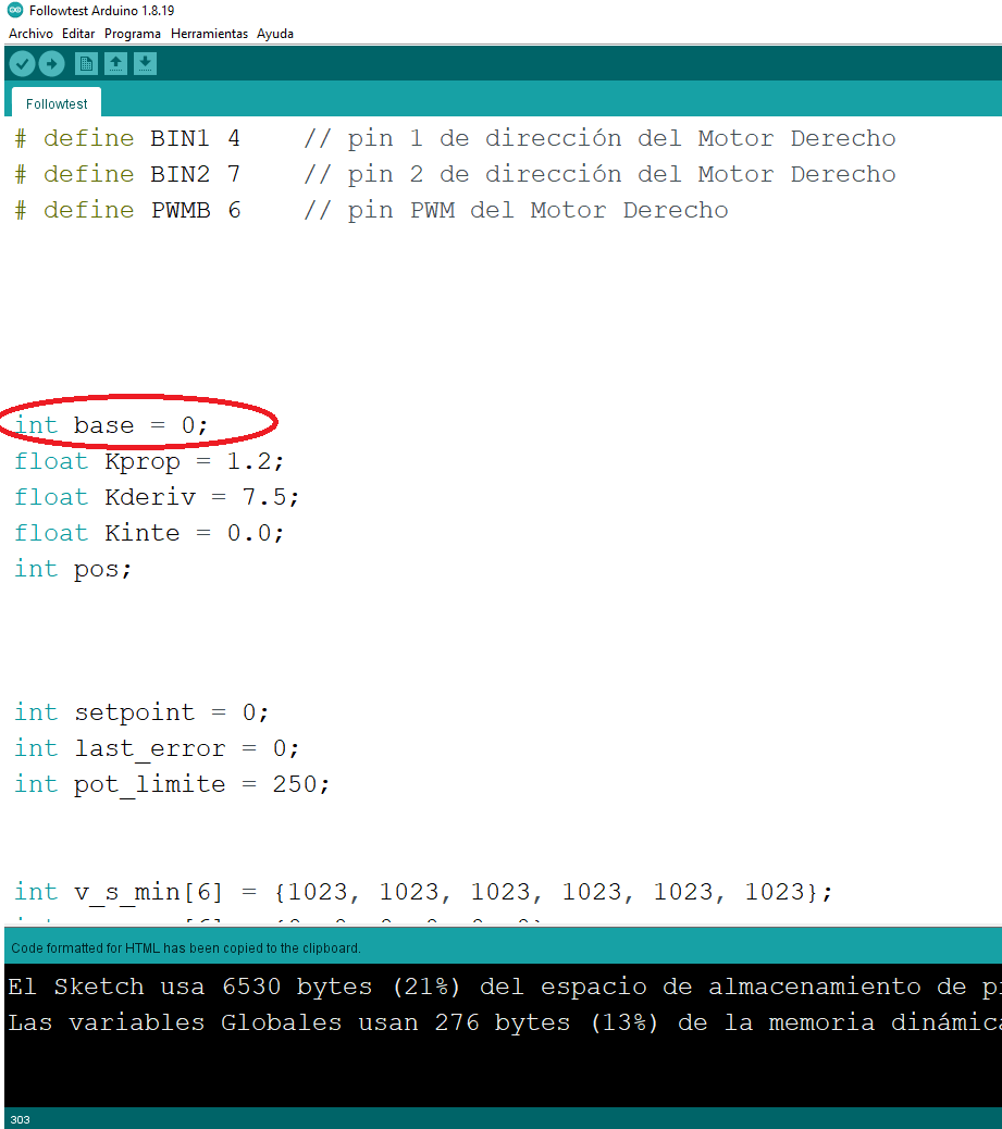 Arduino IDE con la variable «base» marcada: es la velocidad base del robot